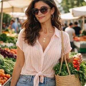 Mia & Tess Cap Sleeve Sheer Button Down Tie-Front Blouse Women’s Small